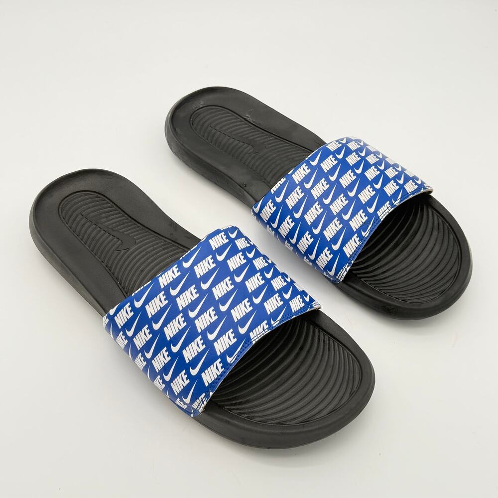 Nike Victori One Men's Printed Slides Blue Black Logo Sandals CN9678-401 Size 14